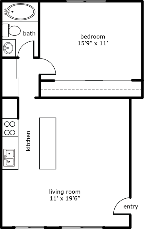 Floor plan for 1 bed, 1 bath, 640 sqft